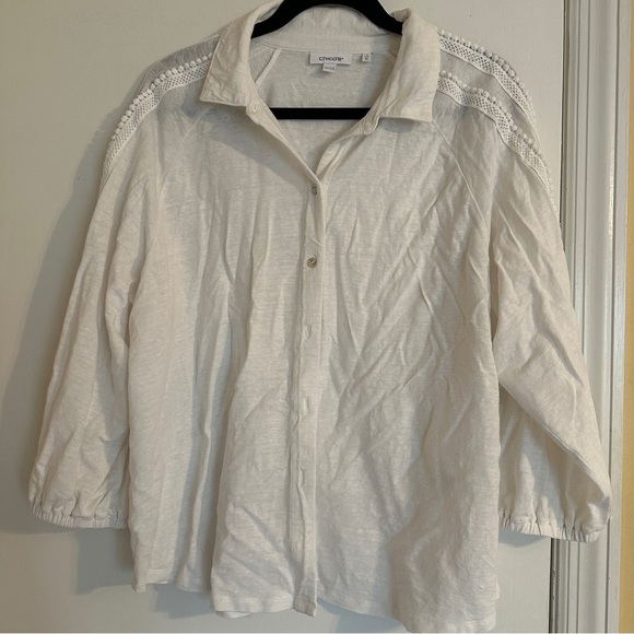 Chico’s Linen 3/4 button down collared crochet lace detail women size 3 - Picture 3 of 11